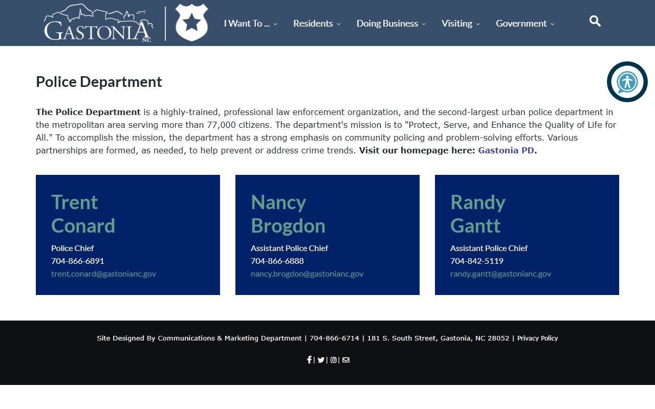 Gastonia Police Department page for Gastonia residents directory