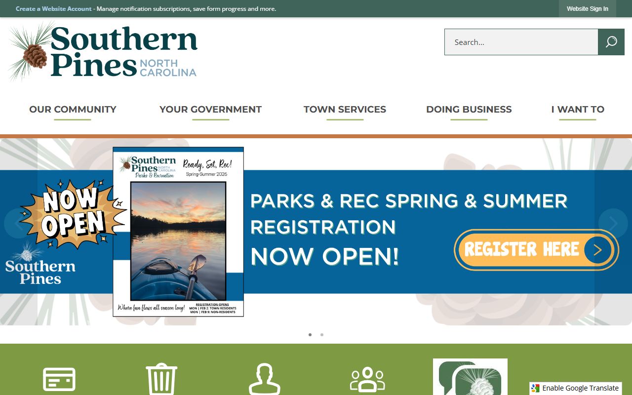 Town of Southern Pines homepage for Southern Pines residents directory
