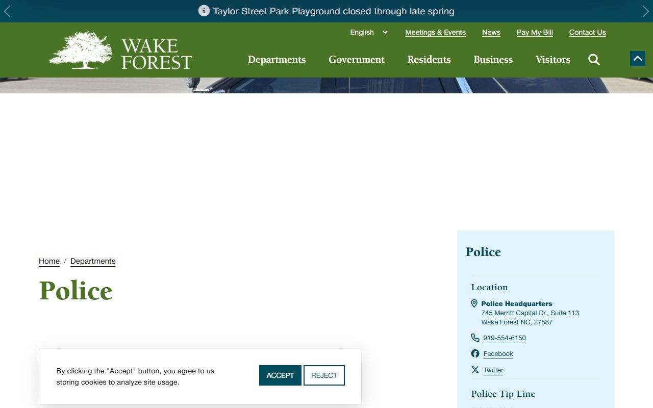 Wake Forest Police Department page for Wake Forest residents directory