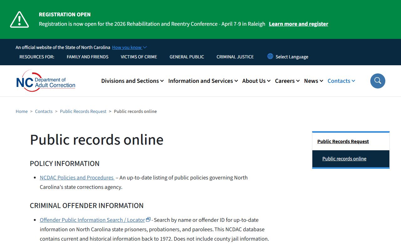 North Carolina DAC public records page for residents directory lookup