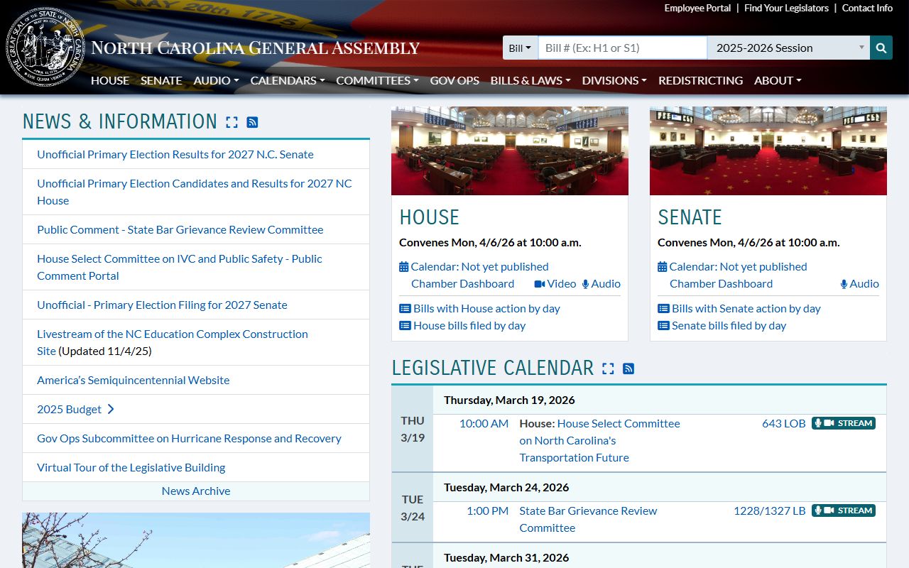 North Carolina General Assembly website for residents directory legal reference
