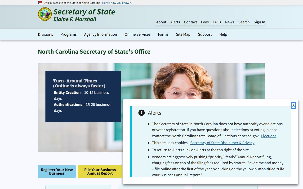 North Carolina Secretary of State website for residents directory business search