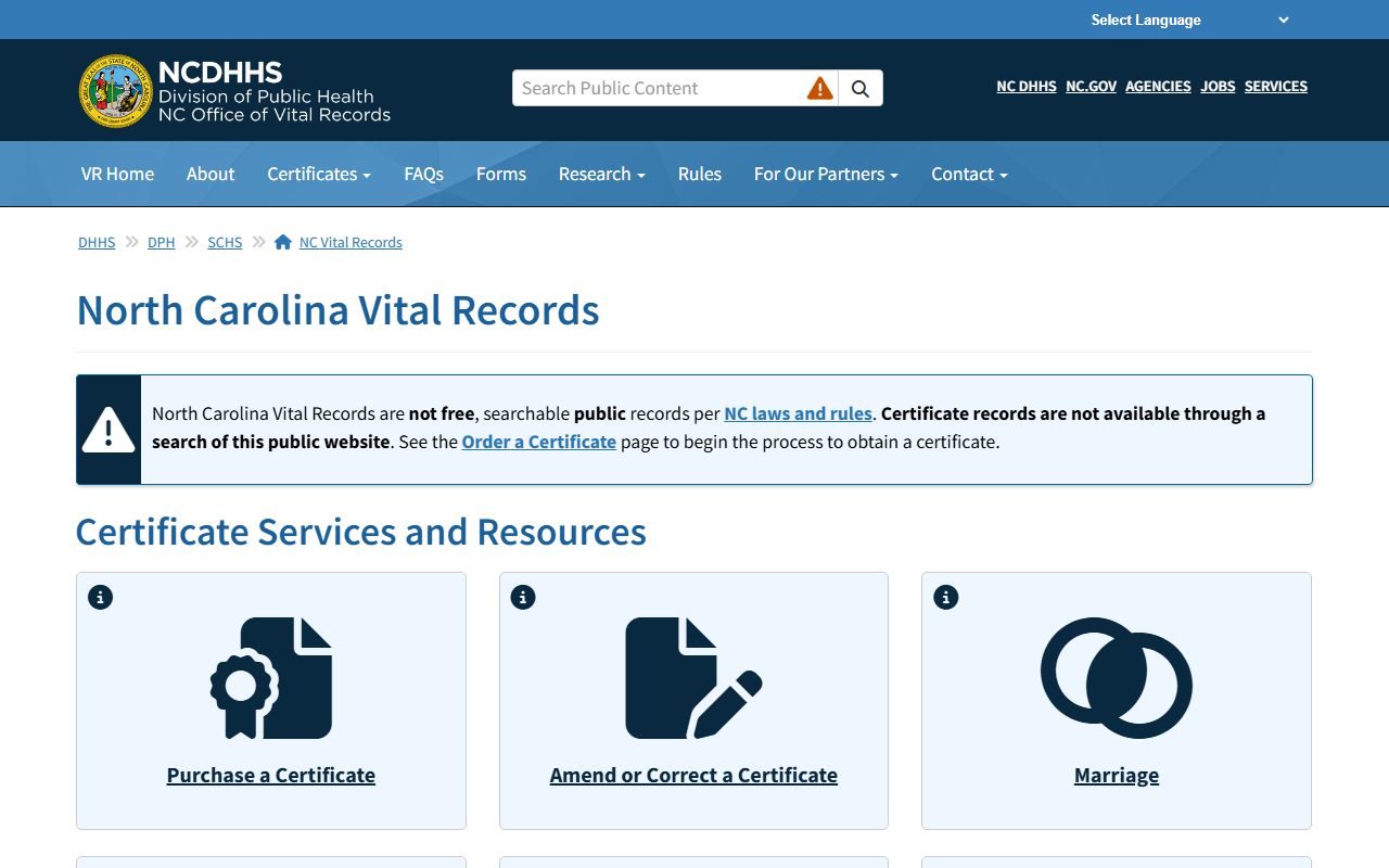North Carolina Vital Records homepage for residents directory search